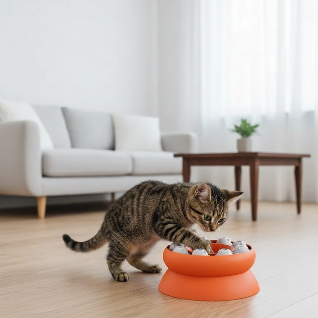 Elevated Cat Slow Feeder Bowl with Rolling Ball Surround
