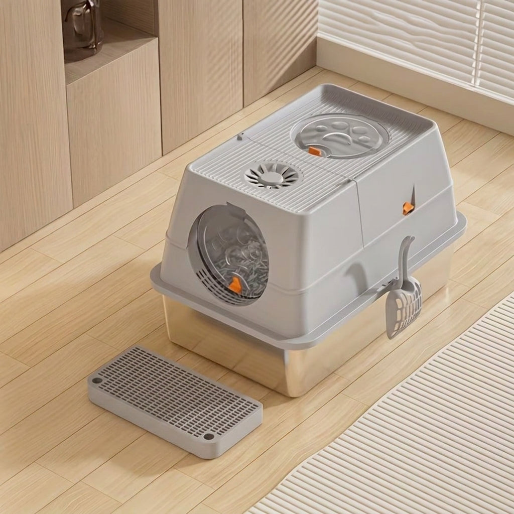 Stainless Steel Enclosed Cat Litter Tray with Flip Lid and Scoop