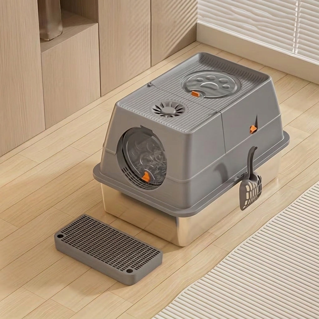 Stainless Steel Enclosed Cat Litter Tray with Flip Lid and Scoop