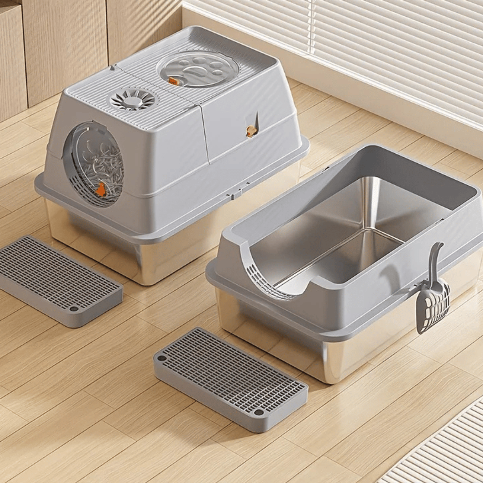 Stainless Steel Enclosed Cat Litter Tray with Flip Lid and Scoop