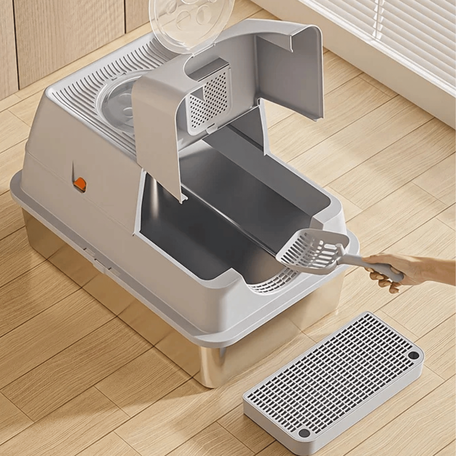 Stainless Steel Enclosed Cat Litter Tray with Flip Lid and Scoop