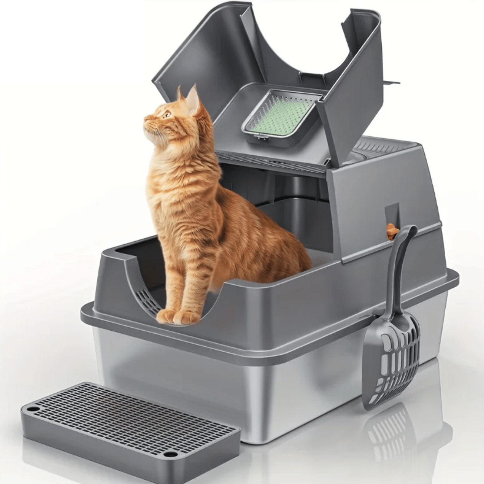 Stainless Steel Enclosed Cat Litter Tray with Flip Lid and Scoop