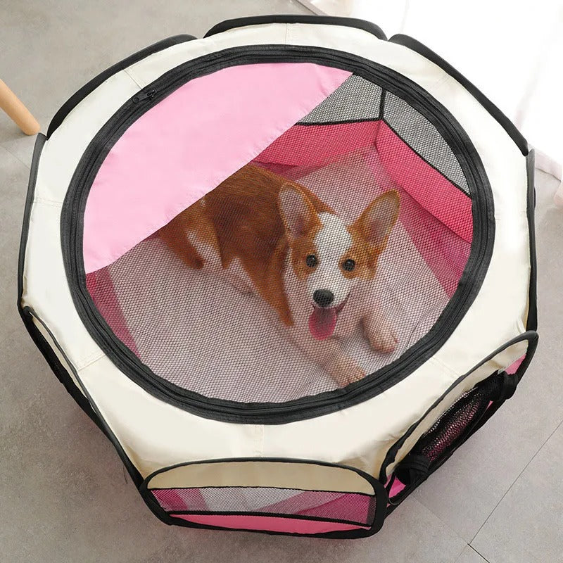 Foldable Pet Play Pen with Mesh Panels and Zip Door