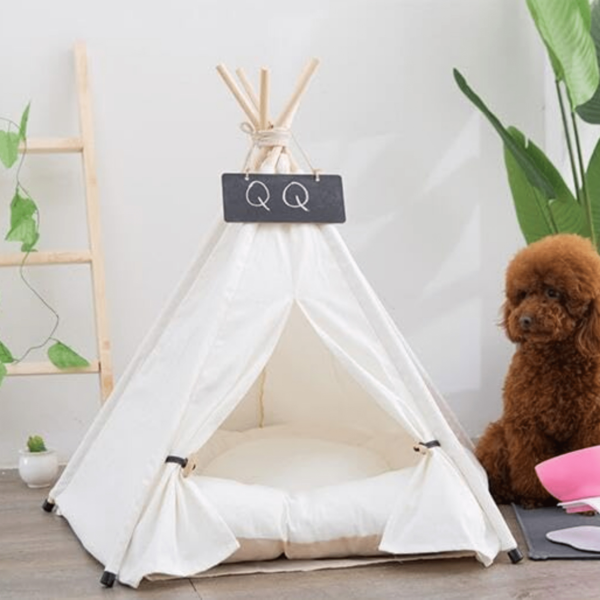 Teepee Pet Tent Bed with Wooden Poles and Removable Cushion