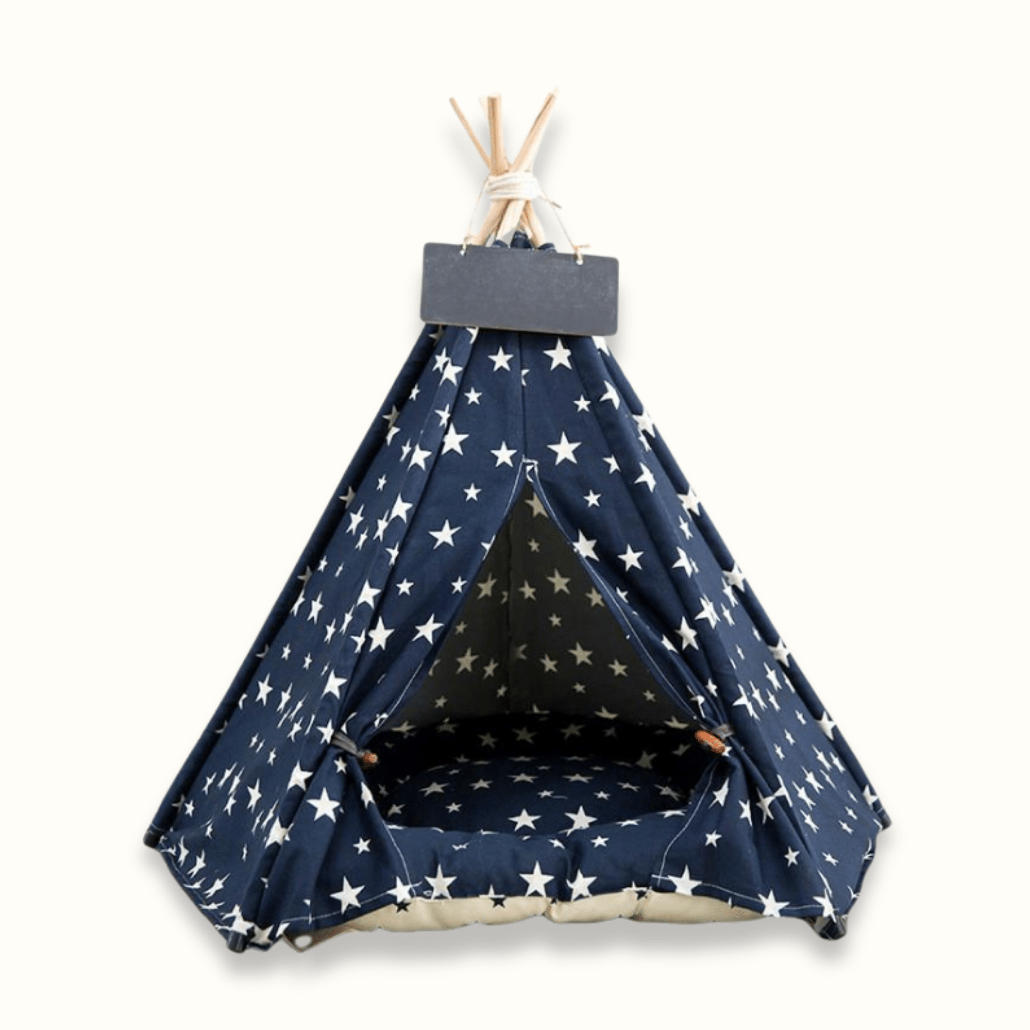 Teepee Pet Tent Bed with Wooden Poles and Removable Cushion