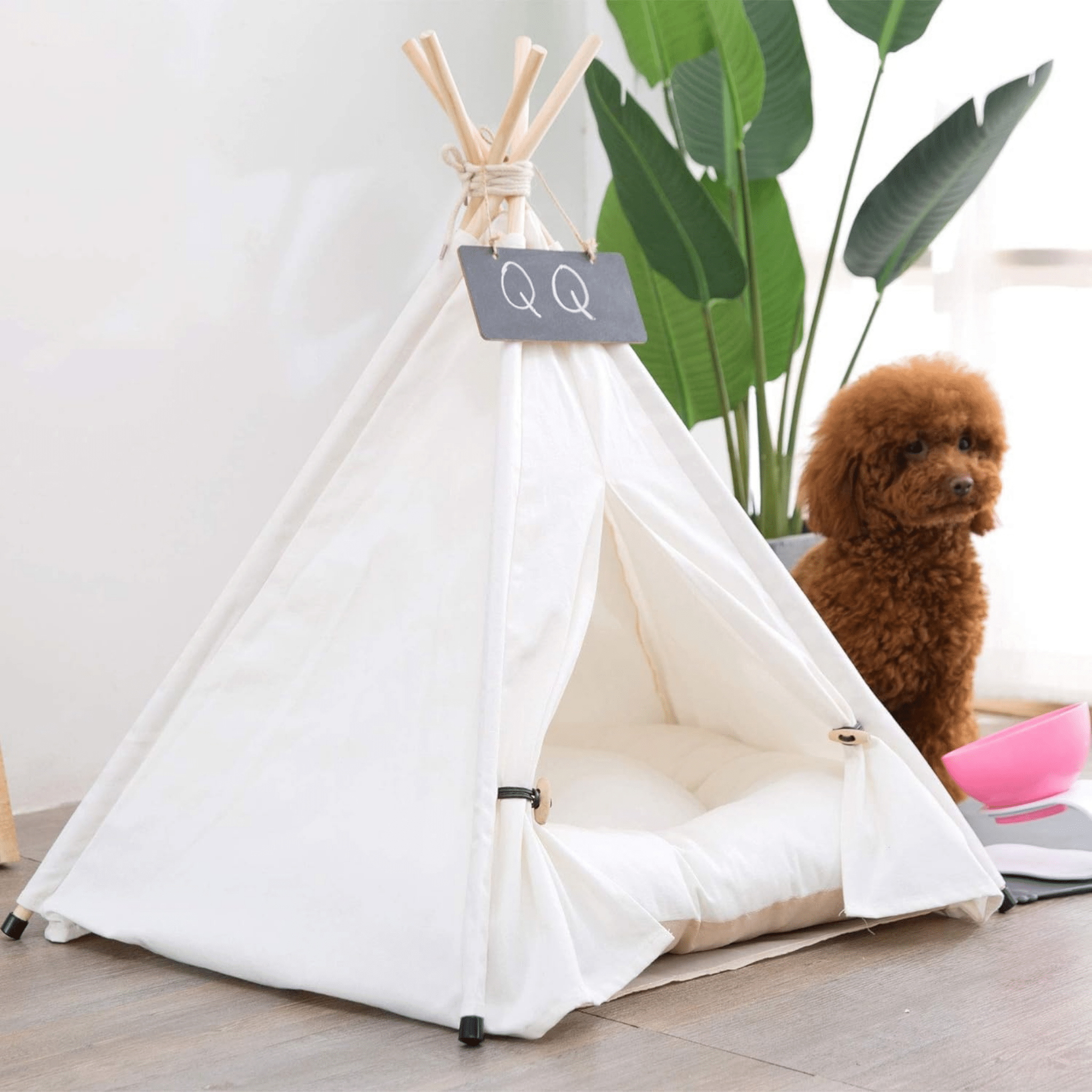Teepee Pet Tent Bed with Wooden Poles and Removable Cushion